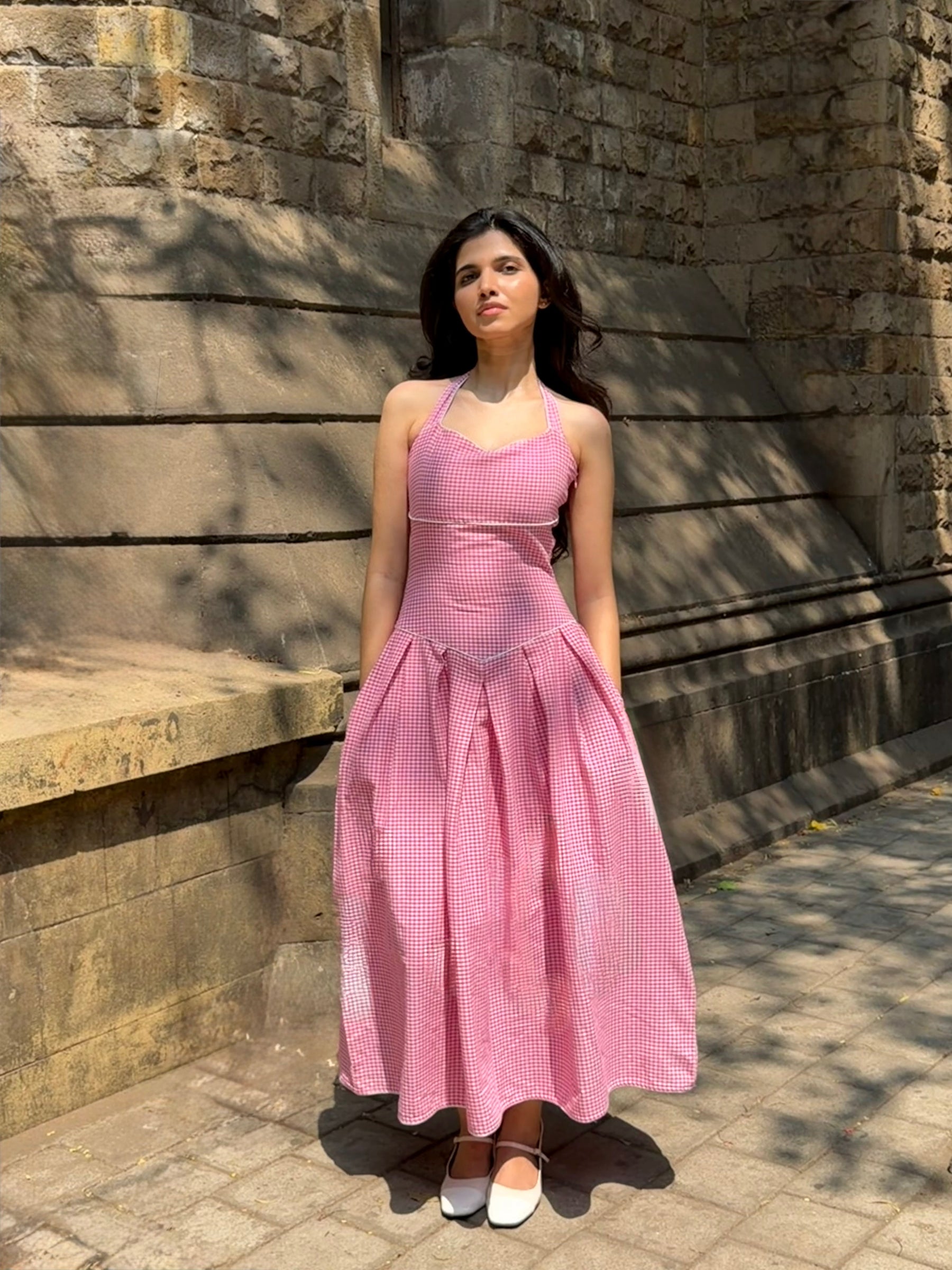 The Bella Halter Gingham Dress in Pretty Pink