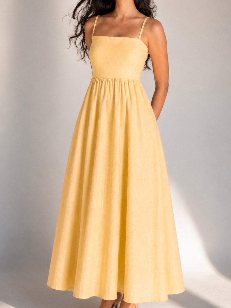 The Amara Minimal Linen Sundress - Sun-dried Yellow