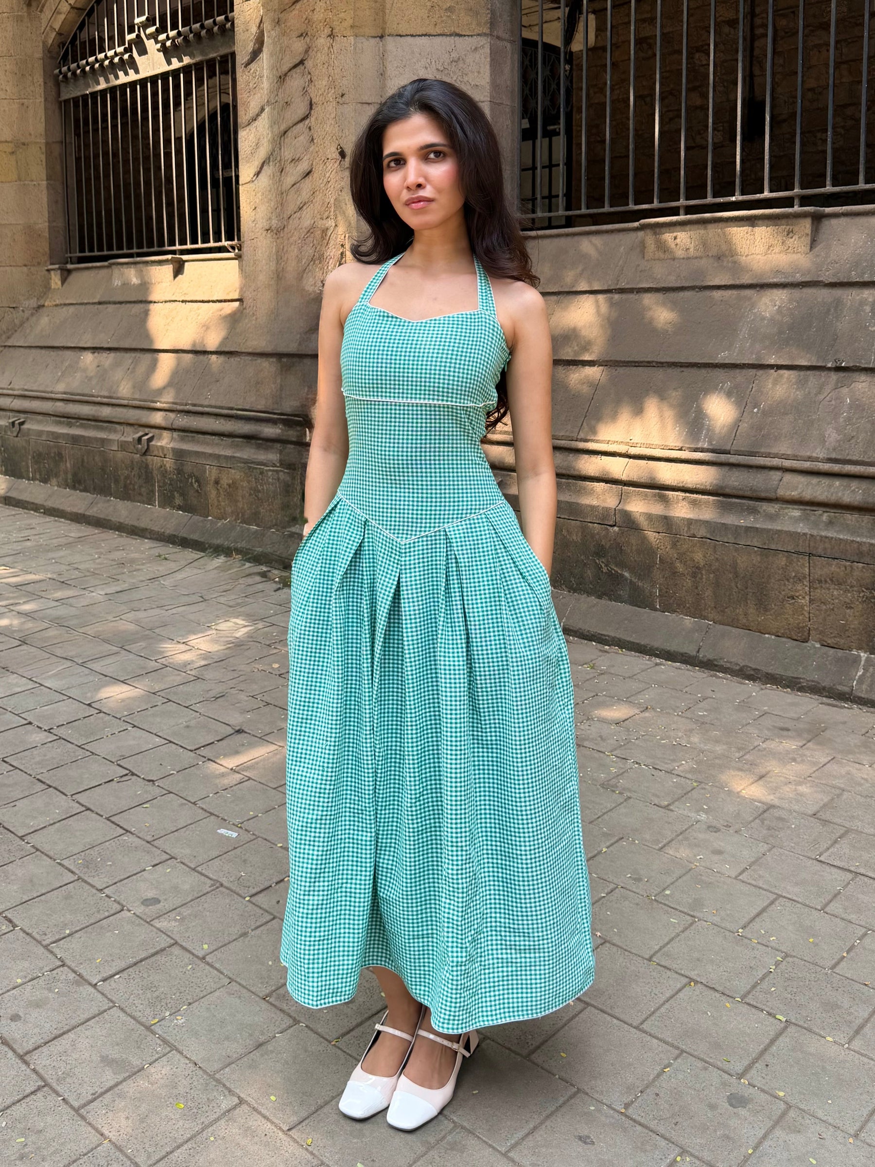 The Bella Halter Gingham Dress in Forest Green