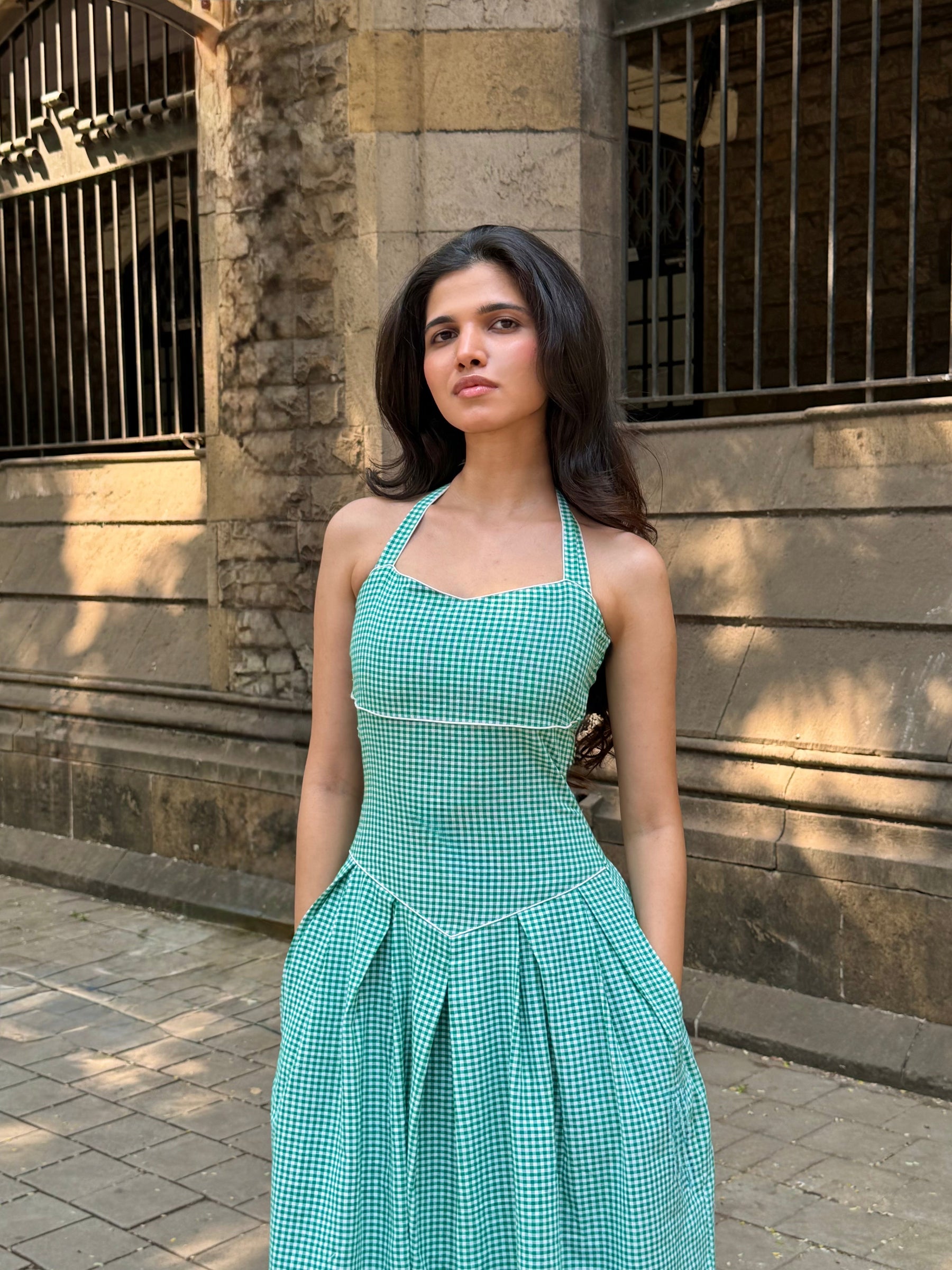 The Bella Halter Gingham Dress in Forest Green