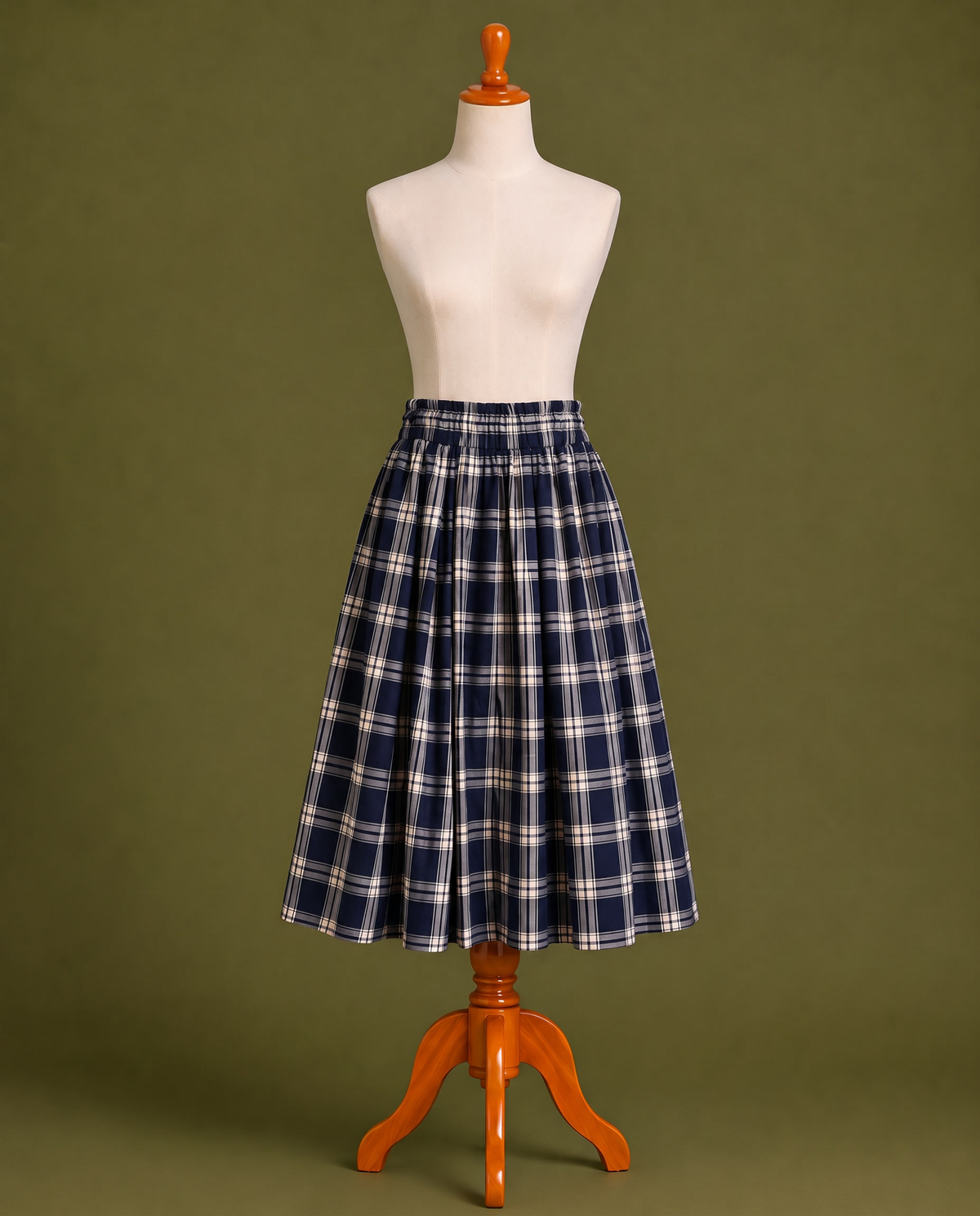 Navy tartan check midi skirt, front