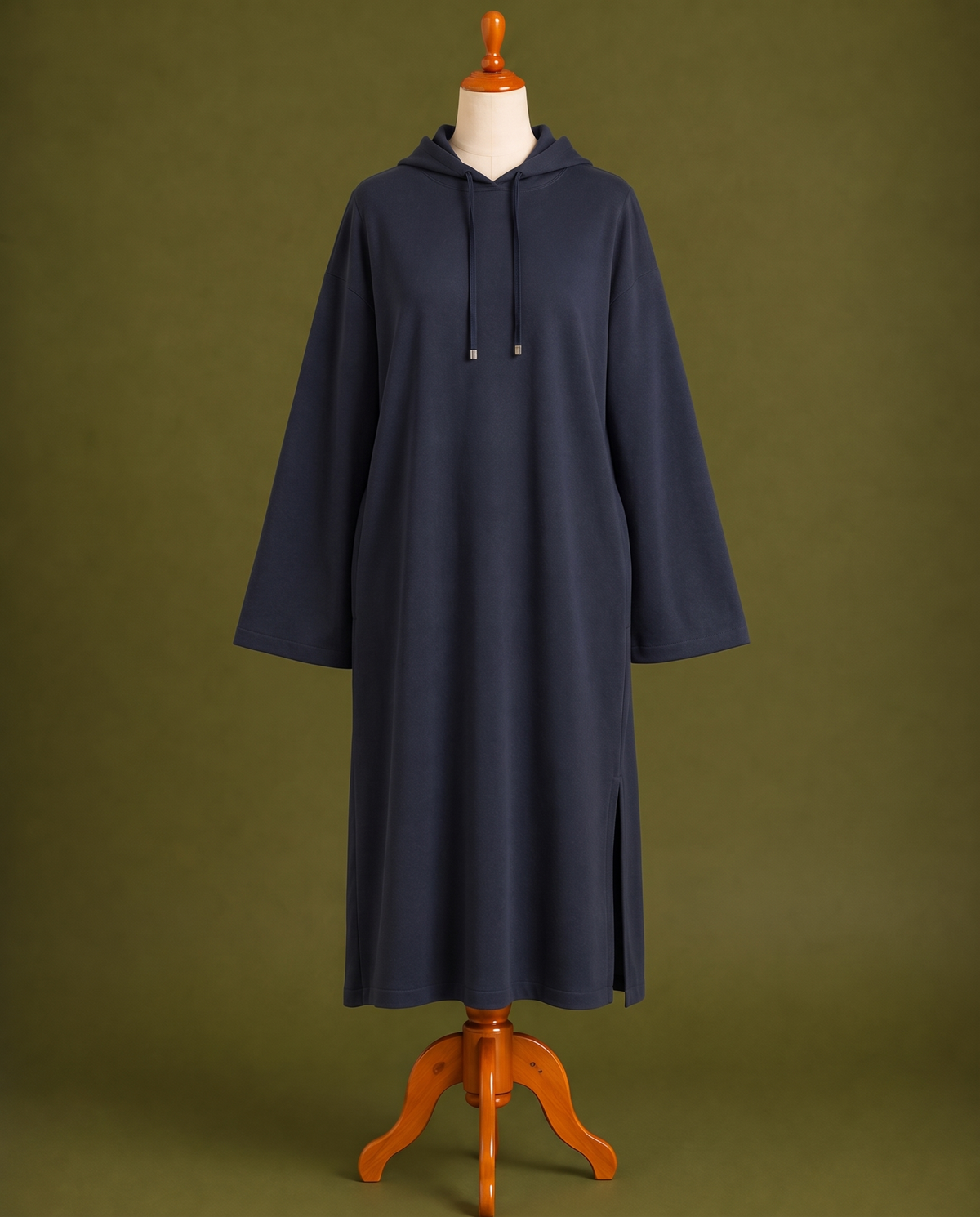 Navy hooded midi dress, front