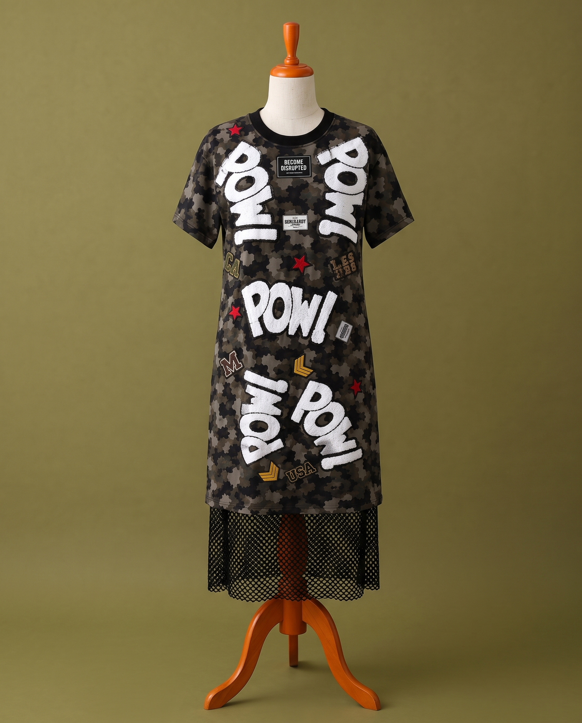 Camo layered dress with patches, front