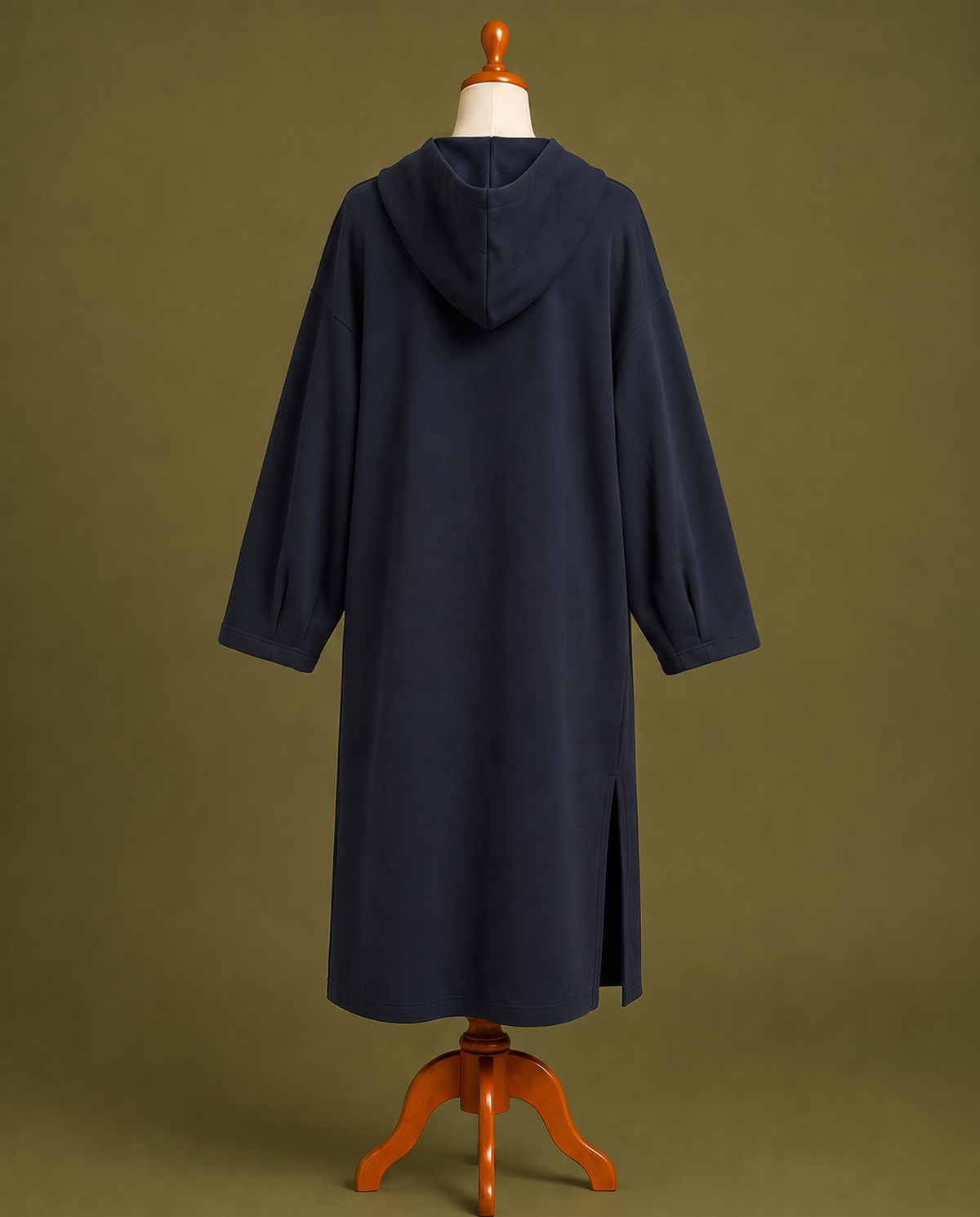 Navy hooded midi dress, back