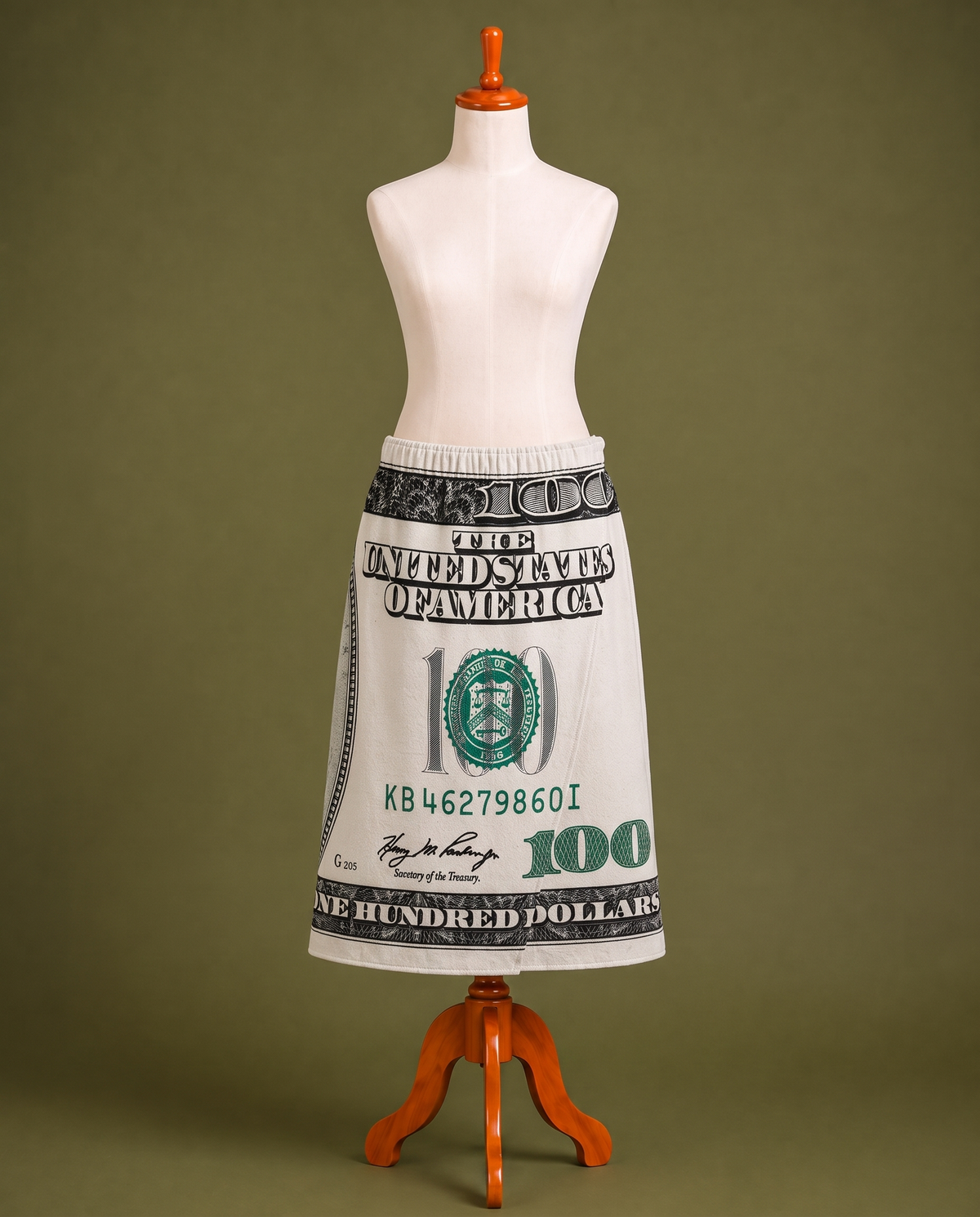Dollar print wrap skirt, front