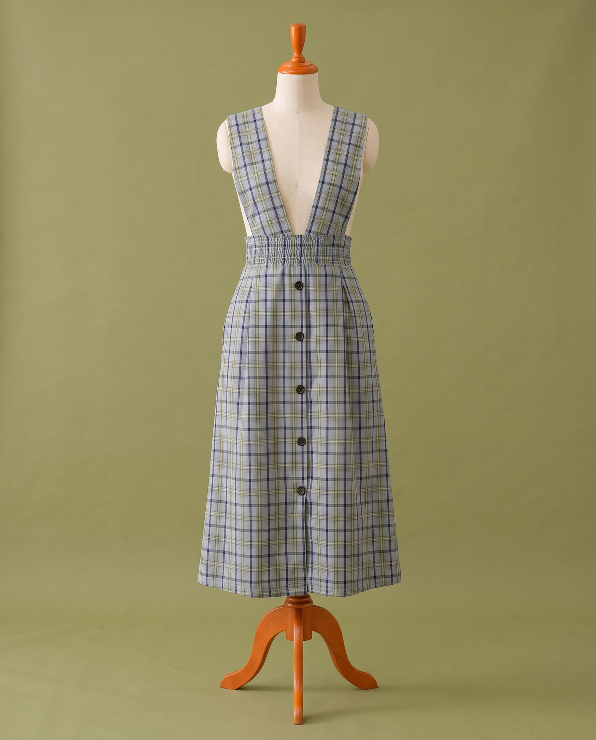 Blue check pinafore dress, front