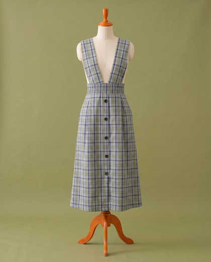 Blue check pinafore dress, front